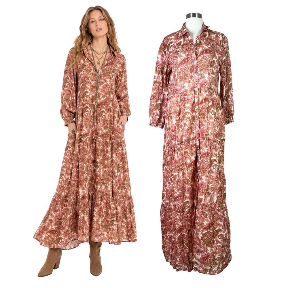 Birds of Paradis Trovata | Martina Paisley Tiered Cotton Rust Pink Maxi Dress M
